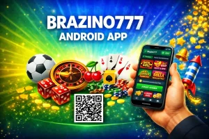 Banner Brazino777 Android App con móvil, ruleta, dados, cartas, monedas y QR